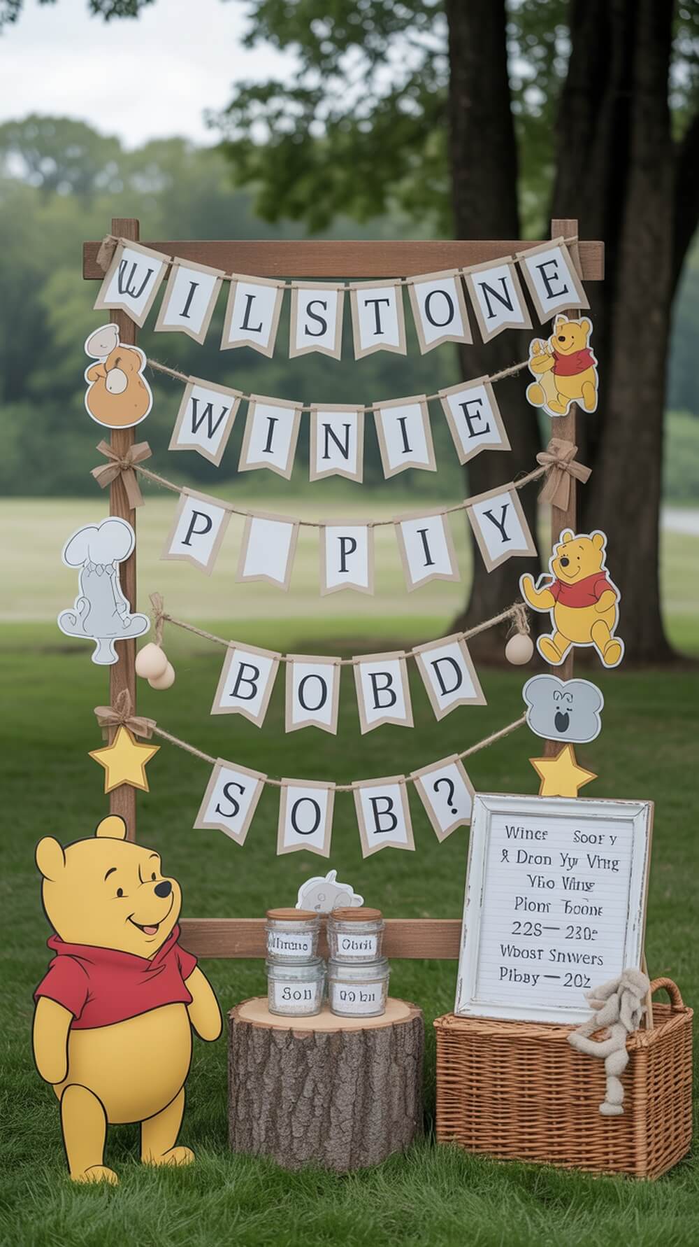Winnie the Pooh themed milestone board with decorations and details for a baby shower.