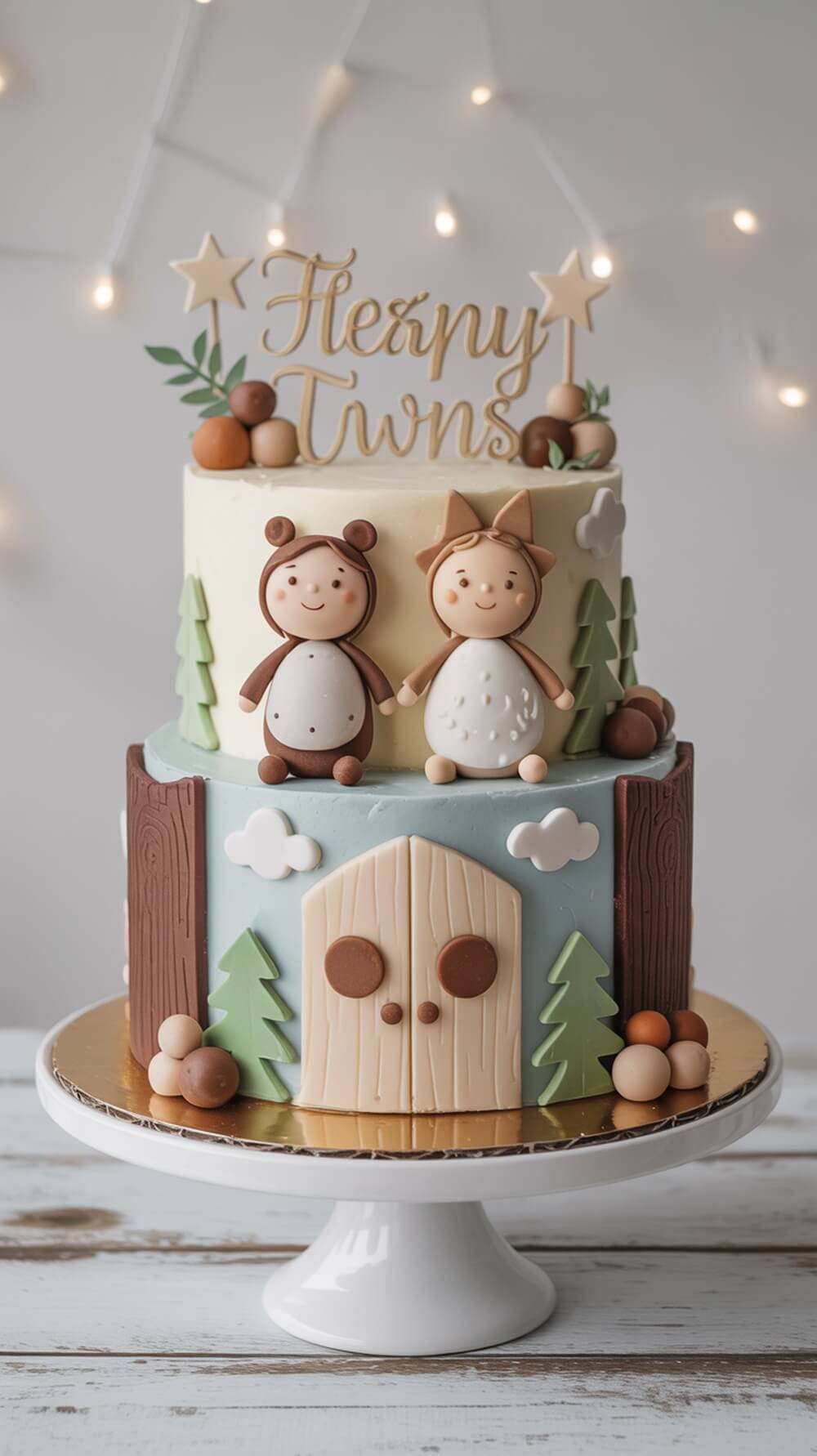 A beautifully decorated woodland themed cake for twins, featuring cute animal figurines and a 'Happy Twins' sign.