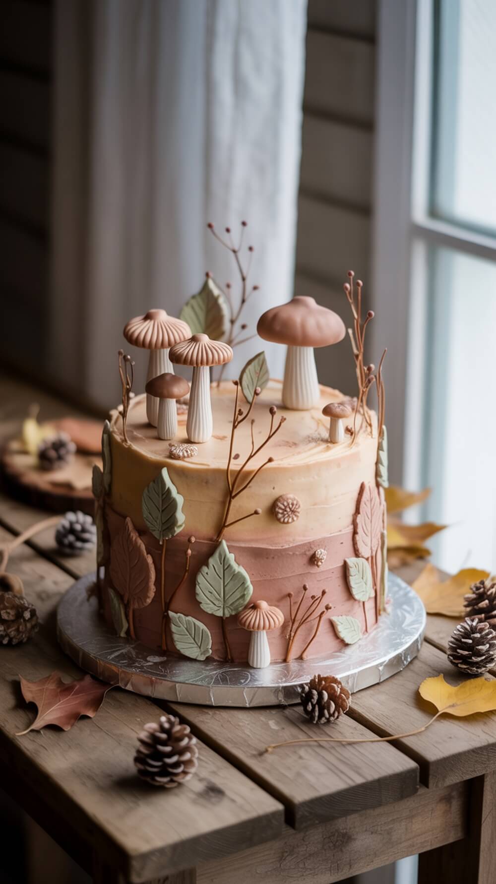 A vintage woodland themed cake decorated with edible mushrooms, leaves, and pinecones, set on a wooden table.