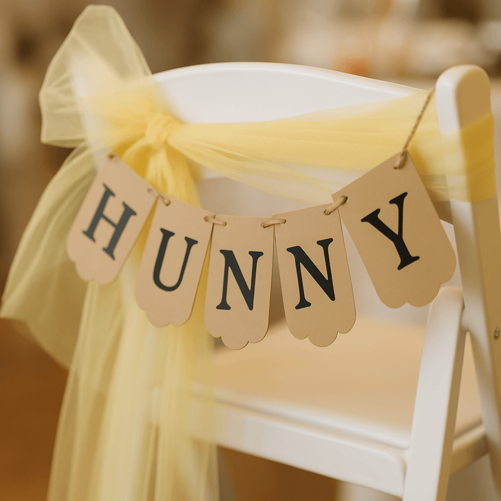 A white chair decorated with a yellow pom-pom and a banner that says 'HUNNY' for a Winnie the Pooh baby shower.