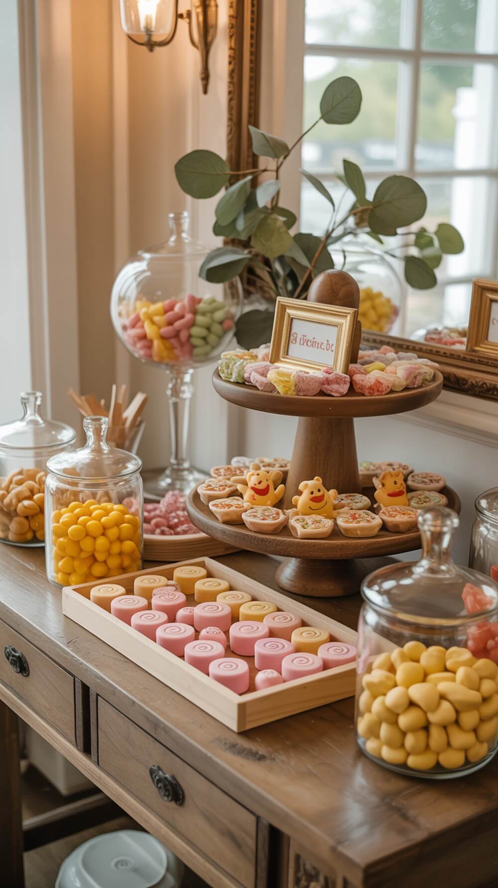 A beautifully arranged candy bar inspired by Winnie the Pooh, featuring colorful candies and decorated cookies.