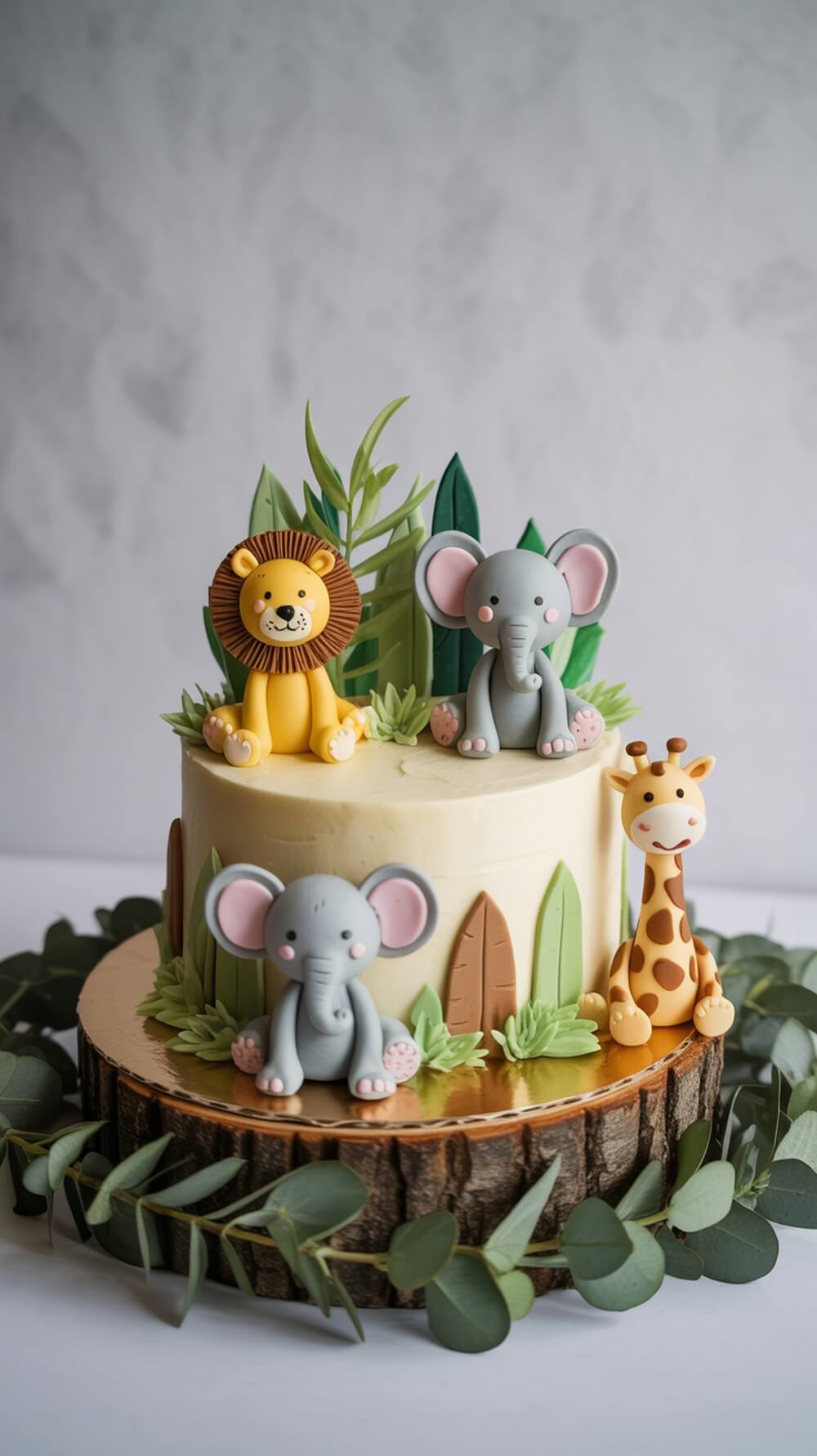 A beautifully decorated safari animal cake featuring a lion, elephant, and giraffe on top, surrounded by green leaves.