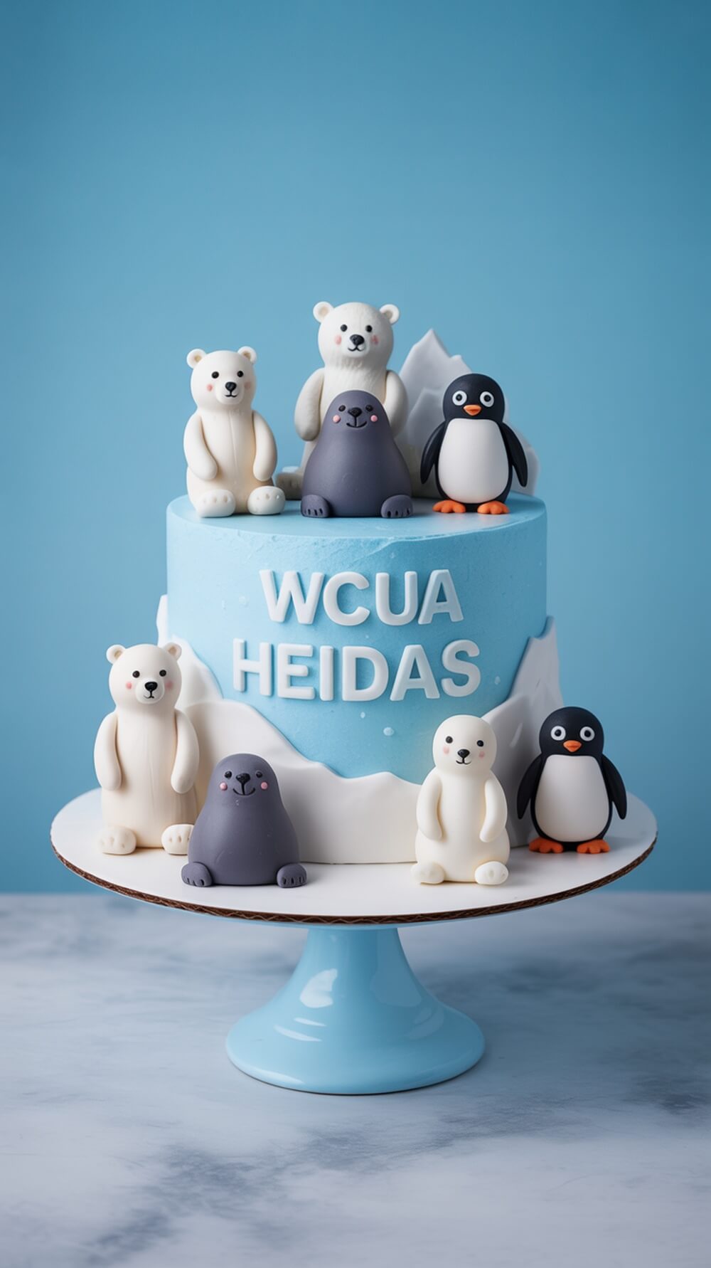 A cute Arctic animal-themed cake featuring fondant polar bears, seals, and penguins on a blue background.