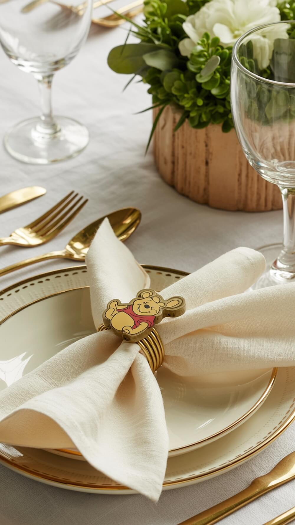 Pooh Bear themed napkin ring on a table setting with gold cutlery and a floral centerpiece.