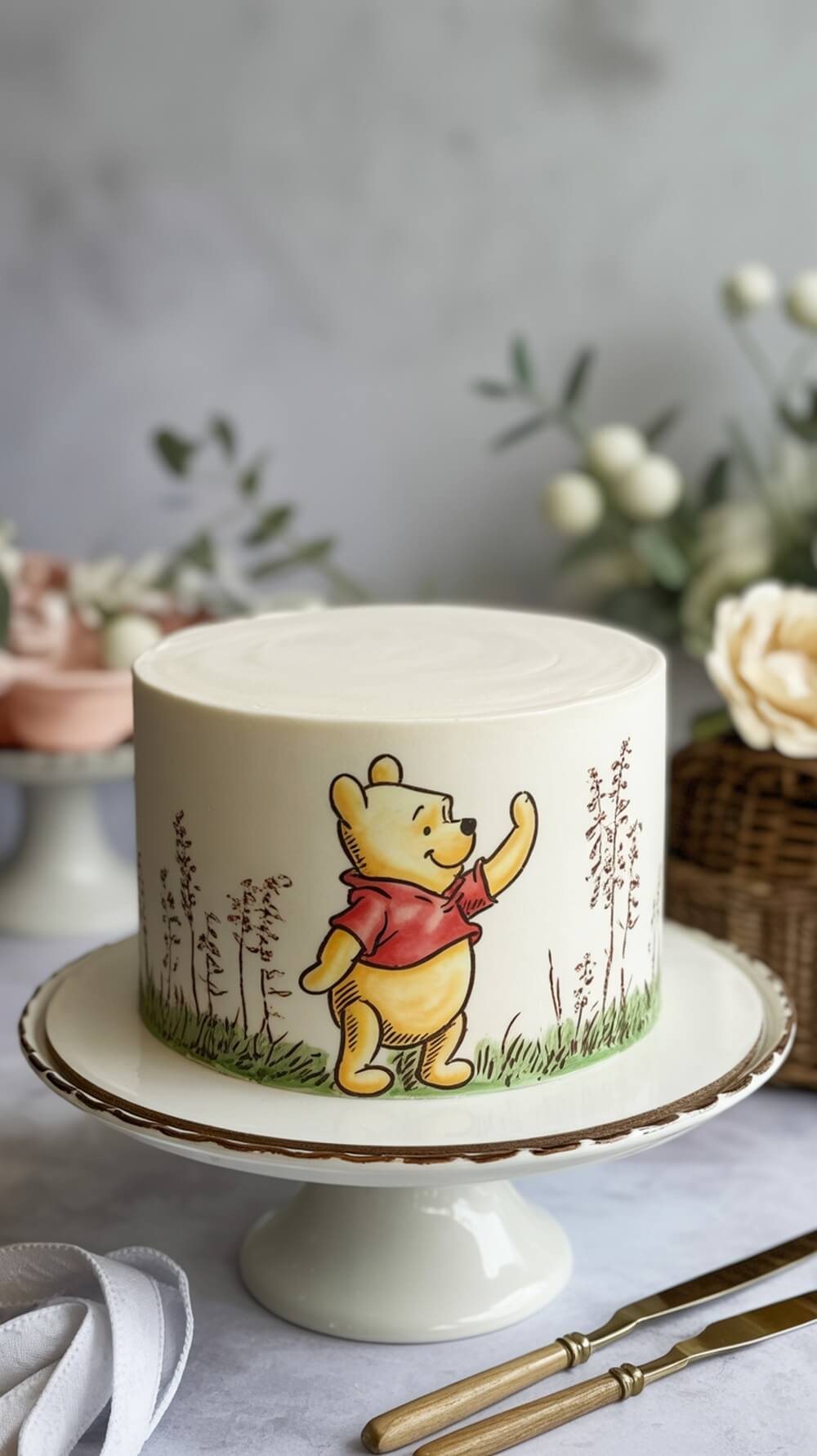 A beautifully decorated cake featuring a classic illustration of Winnie the Pooh, set against a soft background with floral elements.