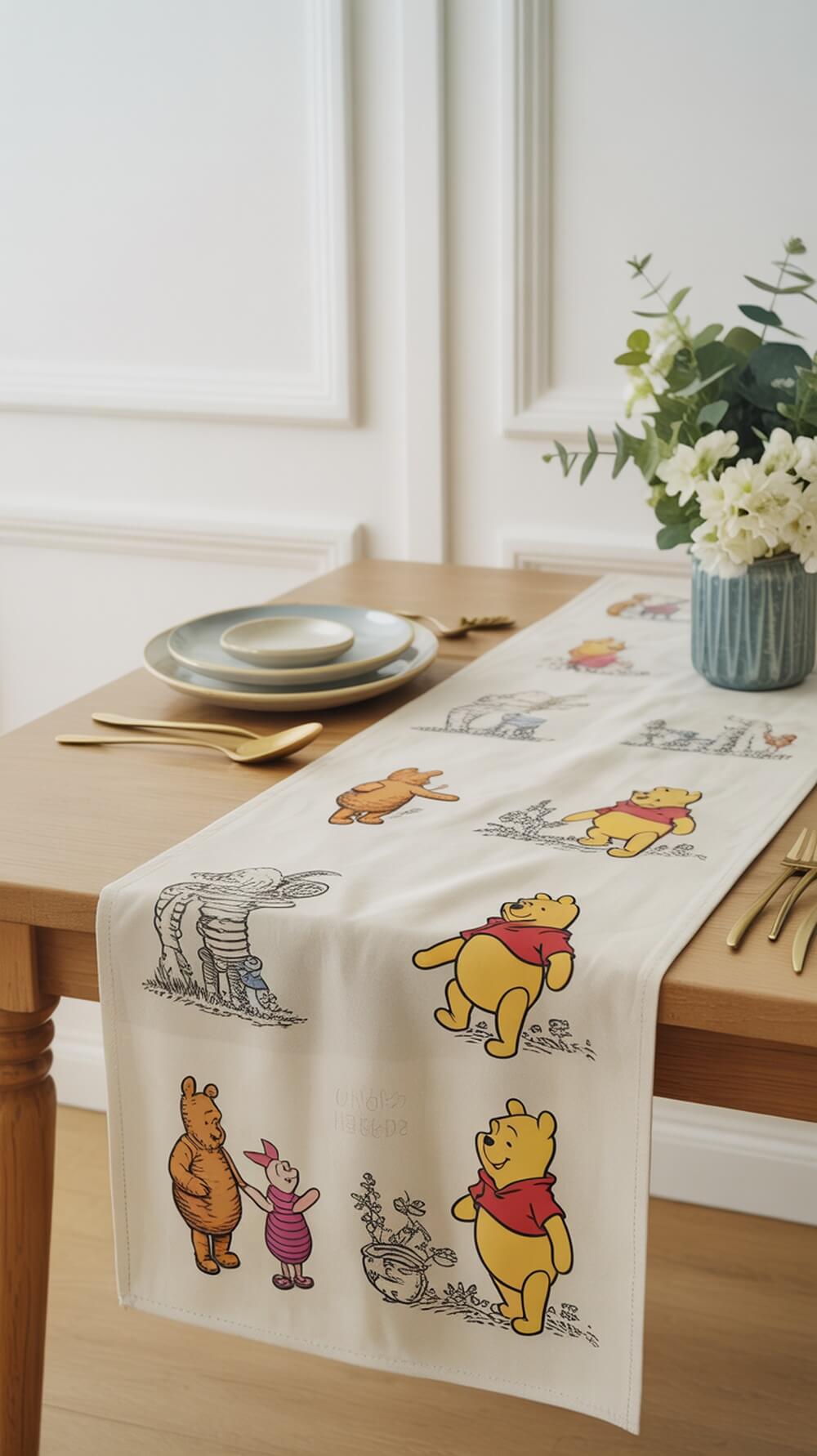 Winnie the Pooh themed table runner on a wooden table with plates and flowers