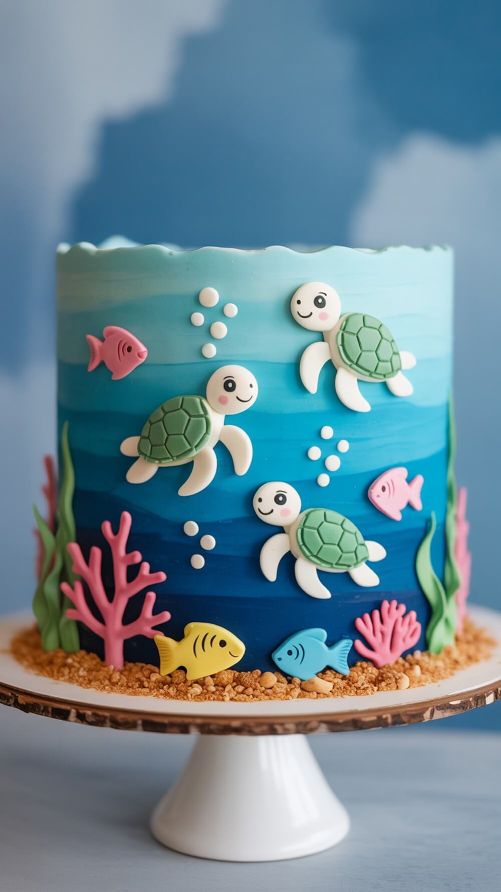 A beautifully decorated baby sea turtles cake with fondant turtles, colorful fish, and coral.