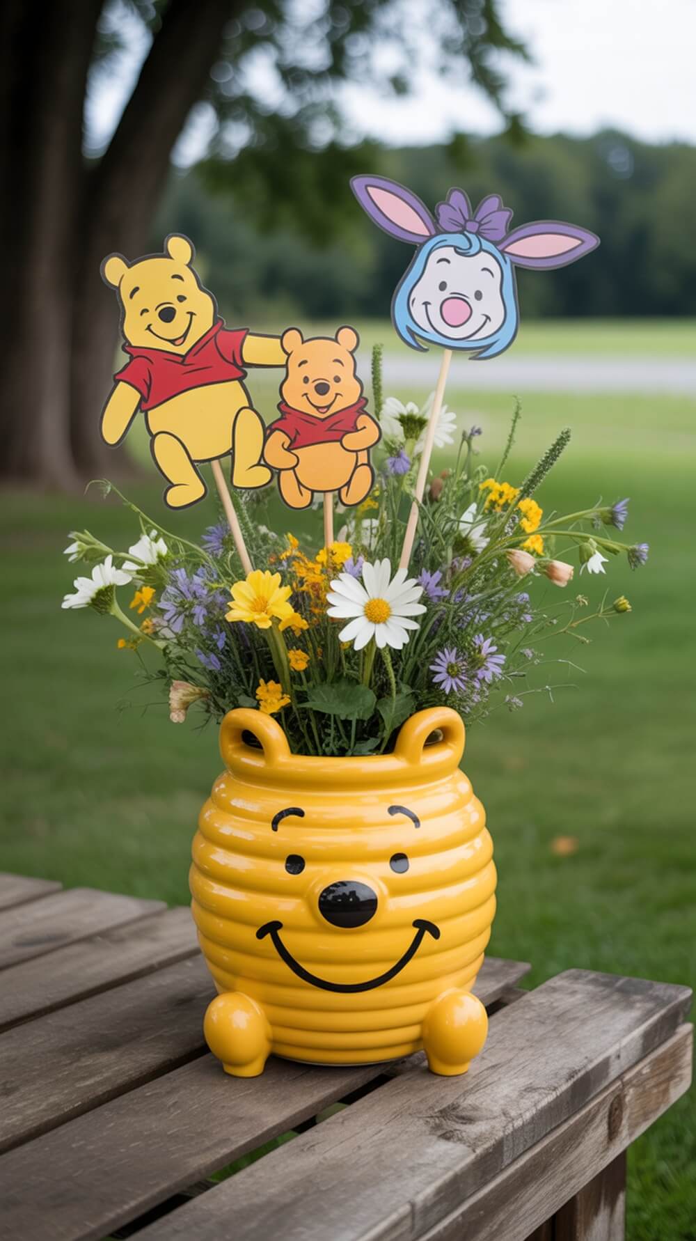 A cheerful honey pot centerpiece with flowers and Winnie the Pooh character cutouts.