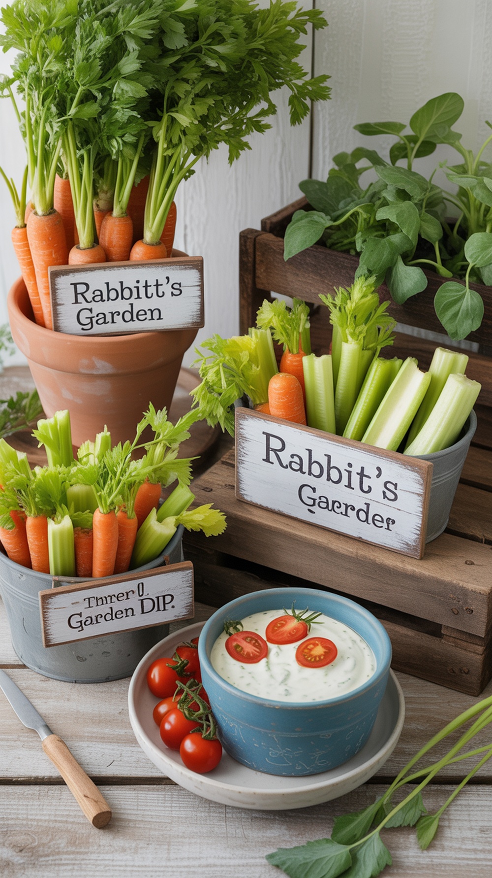 A rustic display of fresh vegetables in pots labeled 'Rabbit's Garden' with a bowl of dip, perfect for a Winnie the Pooh themed baby shower.