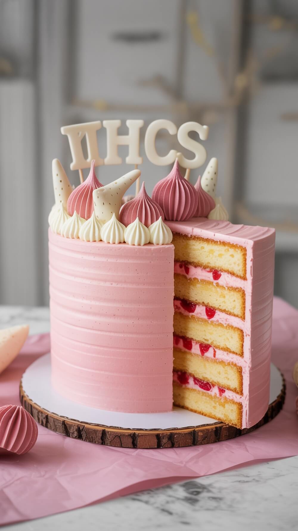 A pink woodland themed baby shower cake with decorative icing and layers visible inside.