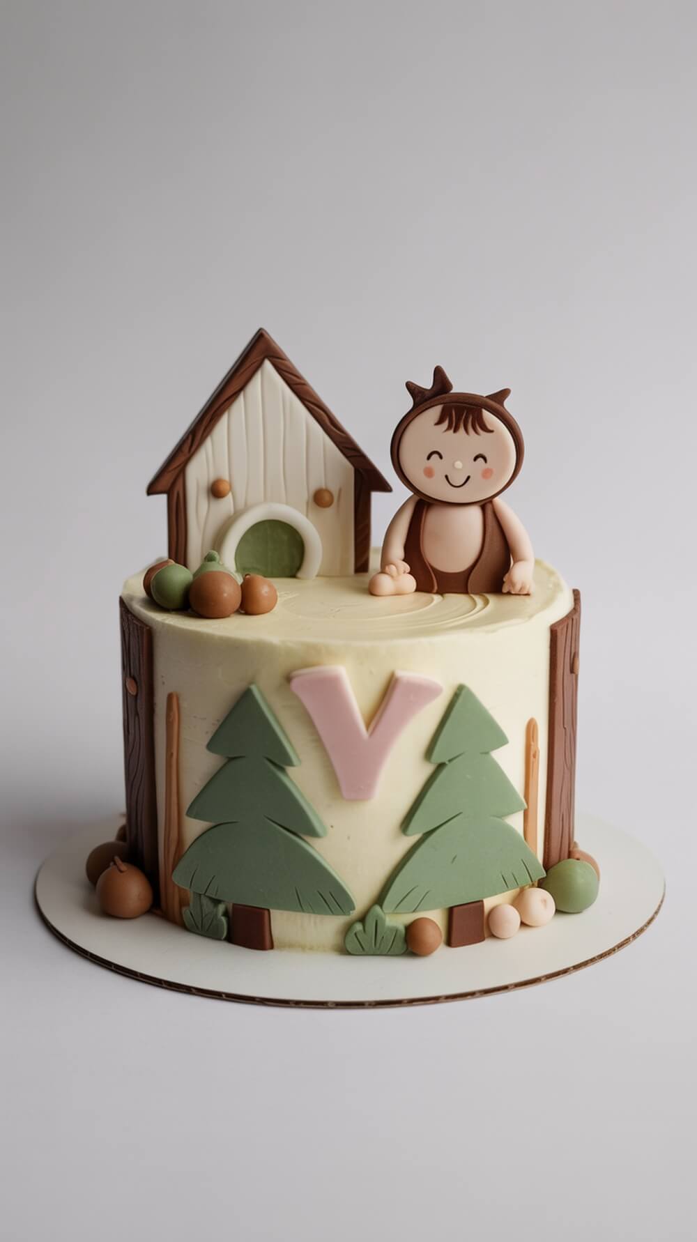 A woodland themed cake featuring a cute character, trees, and a wooden house.
