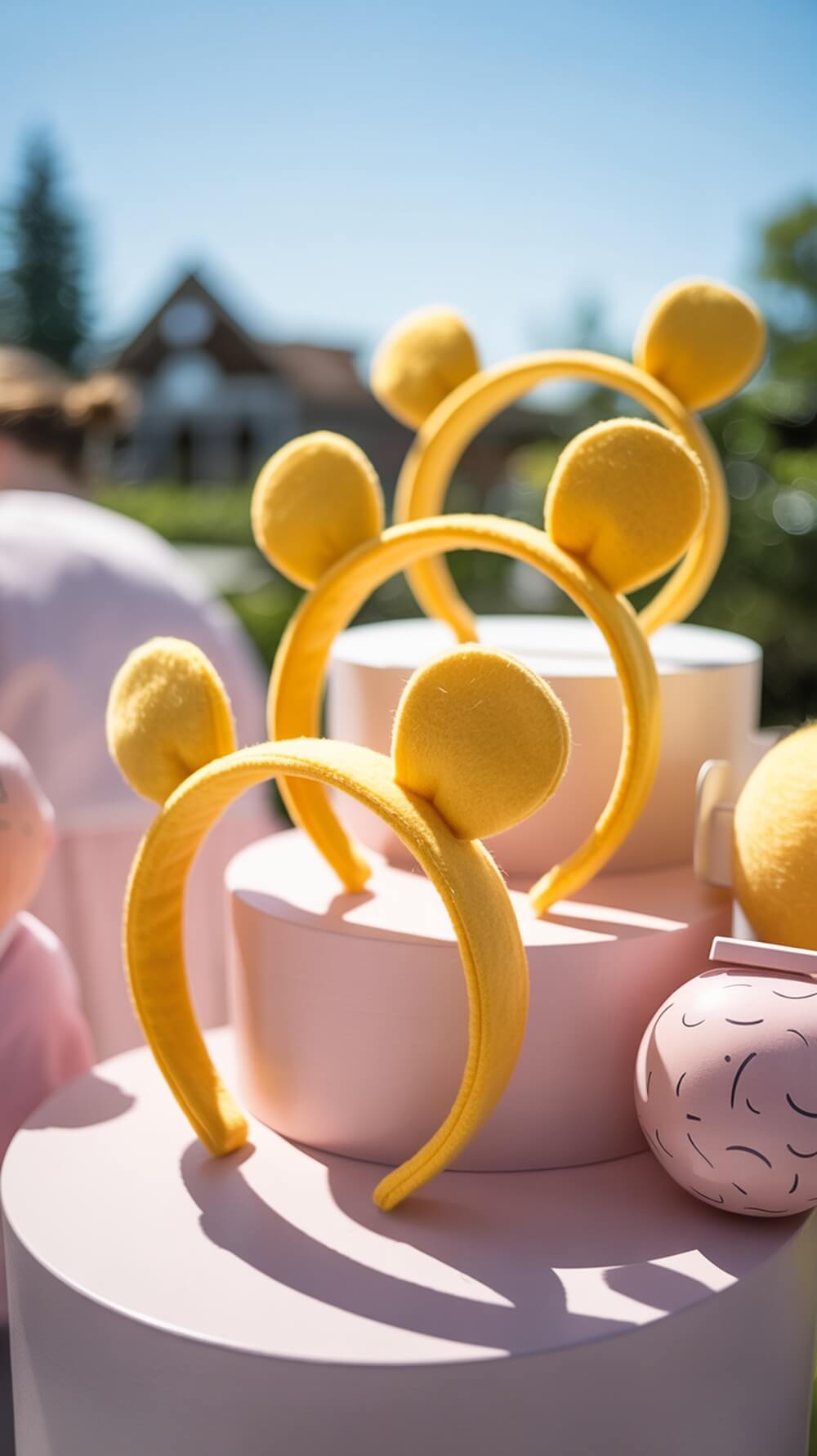 Yellow Pooh ears headbands displayed on a pink pedestal at a baby shower.