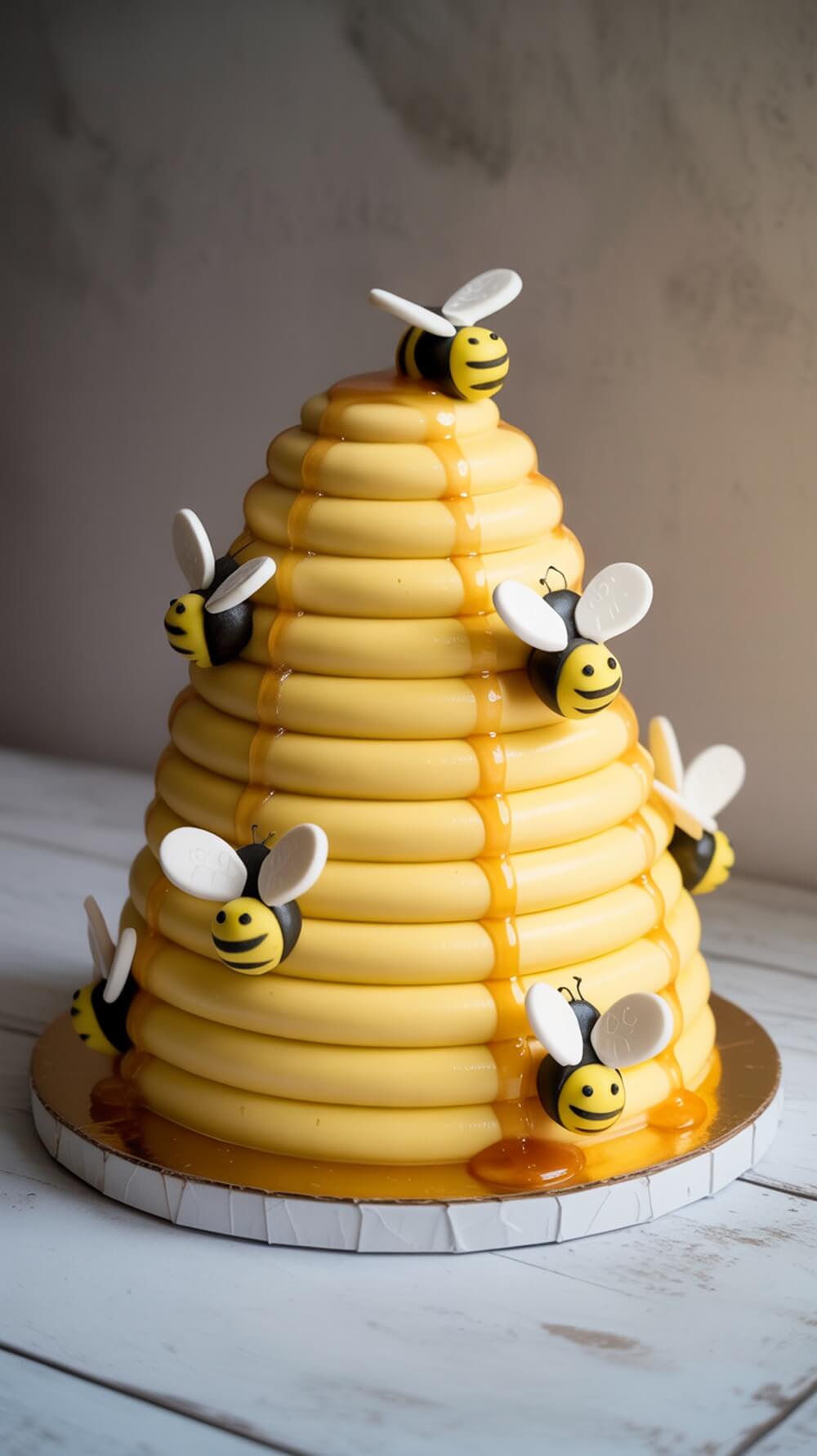 A beehive tower cake decorated with bees and honey drips, perfect for a Winnie the Pooh baby shower.