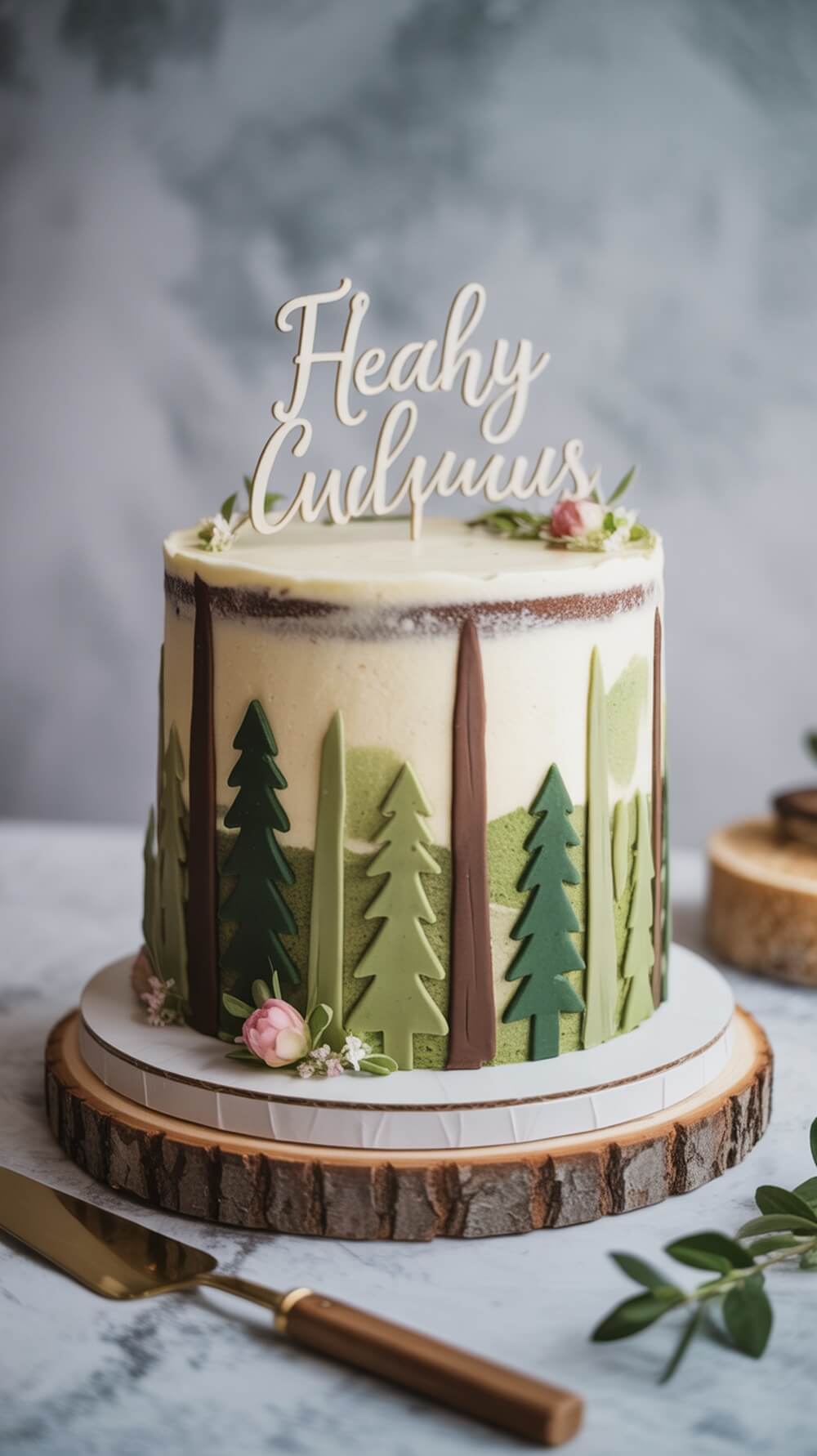 A woodland themed baby shower cake with green and brown colors, featuring tree decorations and floral accents.