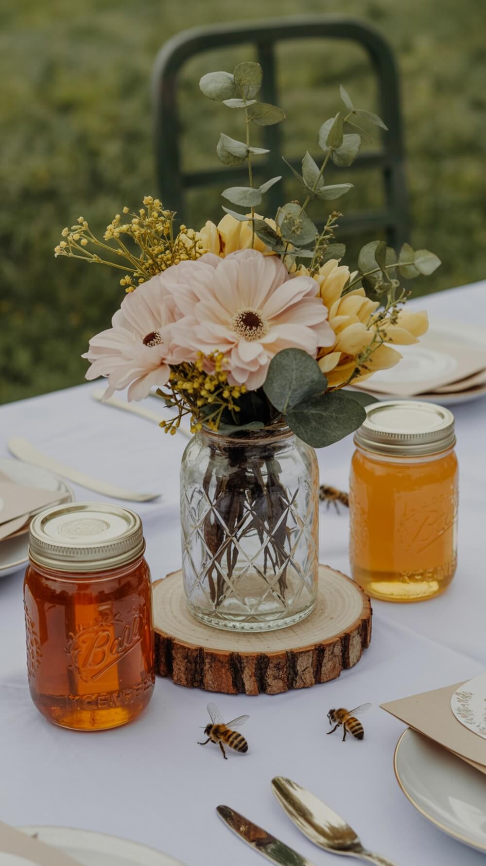 A honey-themed centerpiece with flowers and honey jars for a baby shower.