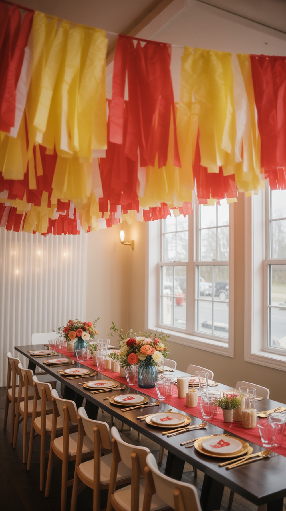A room decorated for a baby shower with colorful streamers and ribbons in red and yellow, featuring a long table set with floral arrangements and tableware.