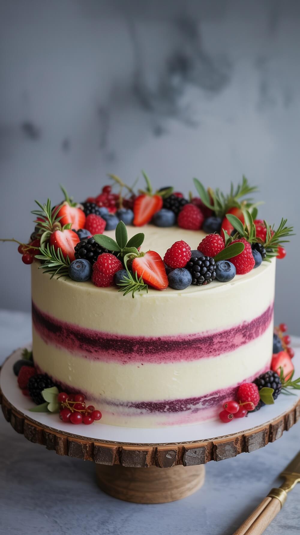 A beautifully decorated woodland themed baby shower cake with layers of cream and berry accents on top.