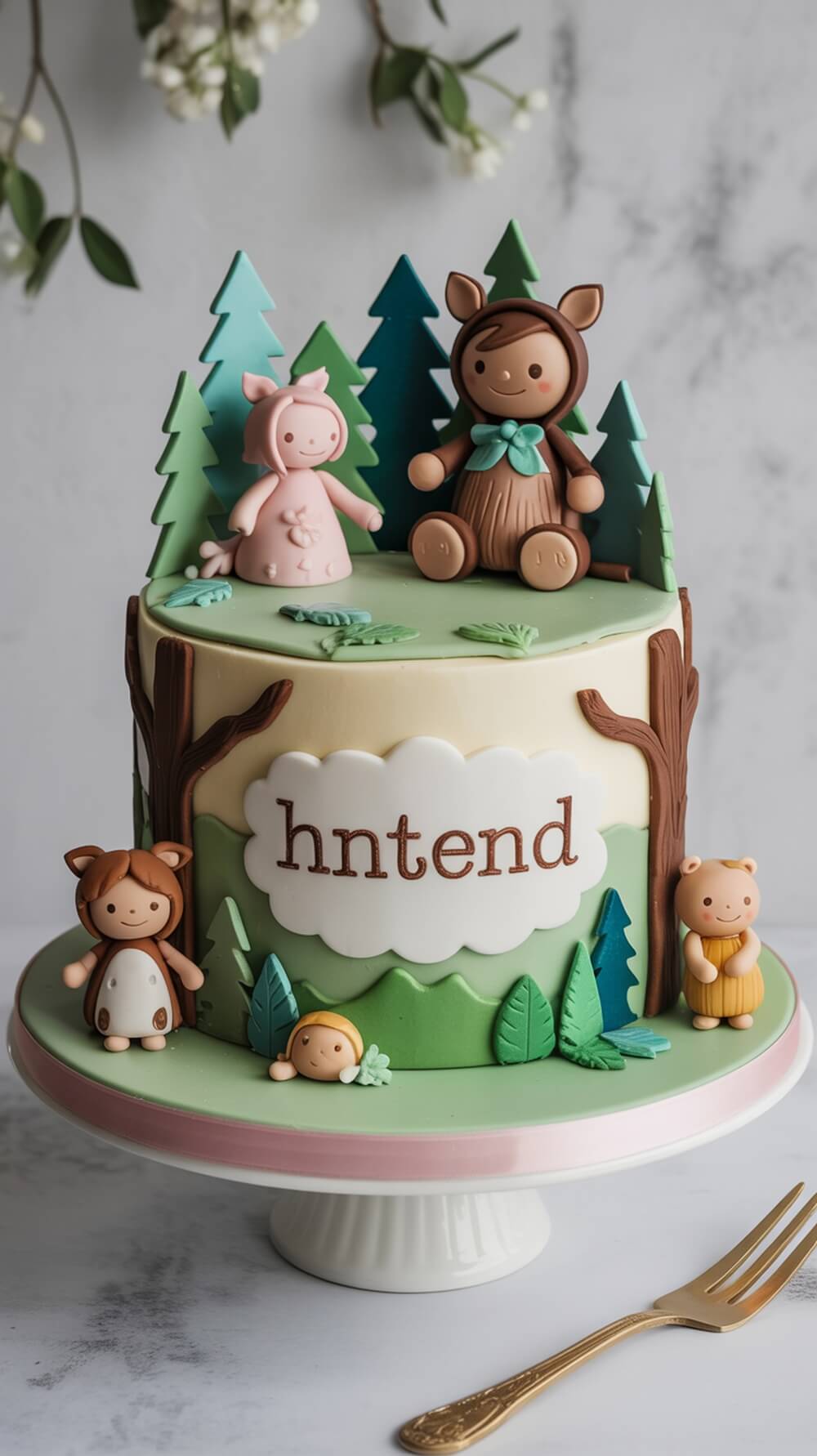 A woodland themed baby shower cake featuring fondant figures of animals and trees, with soft colors and playful design.