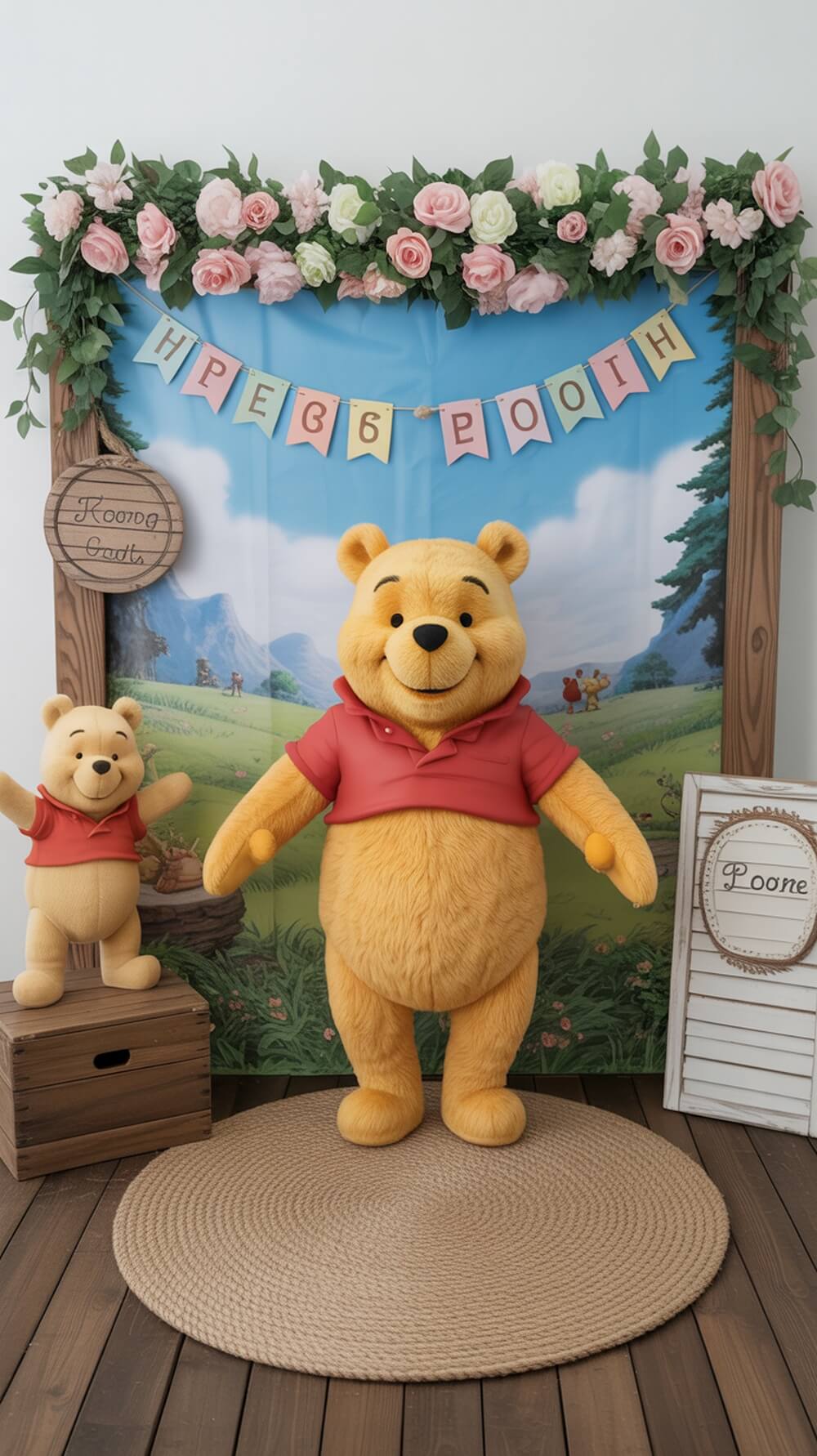 A photo booth setup featuring a large plush Winnie the Pooh, a smaller Pooh plush, floral decorations, and a colorful backdrop.