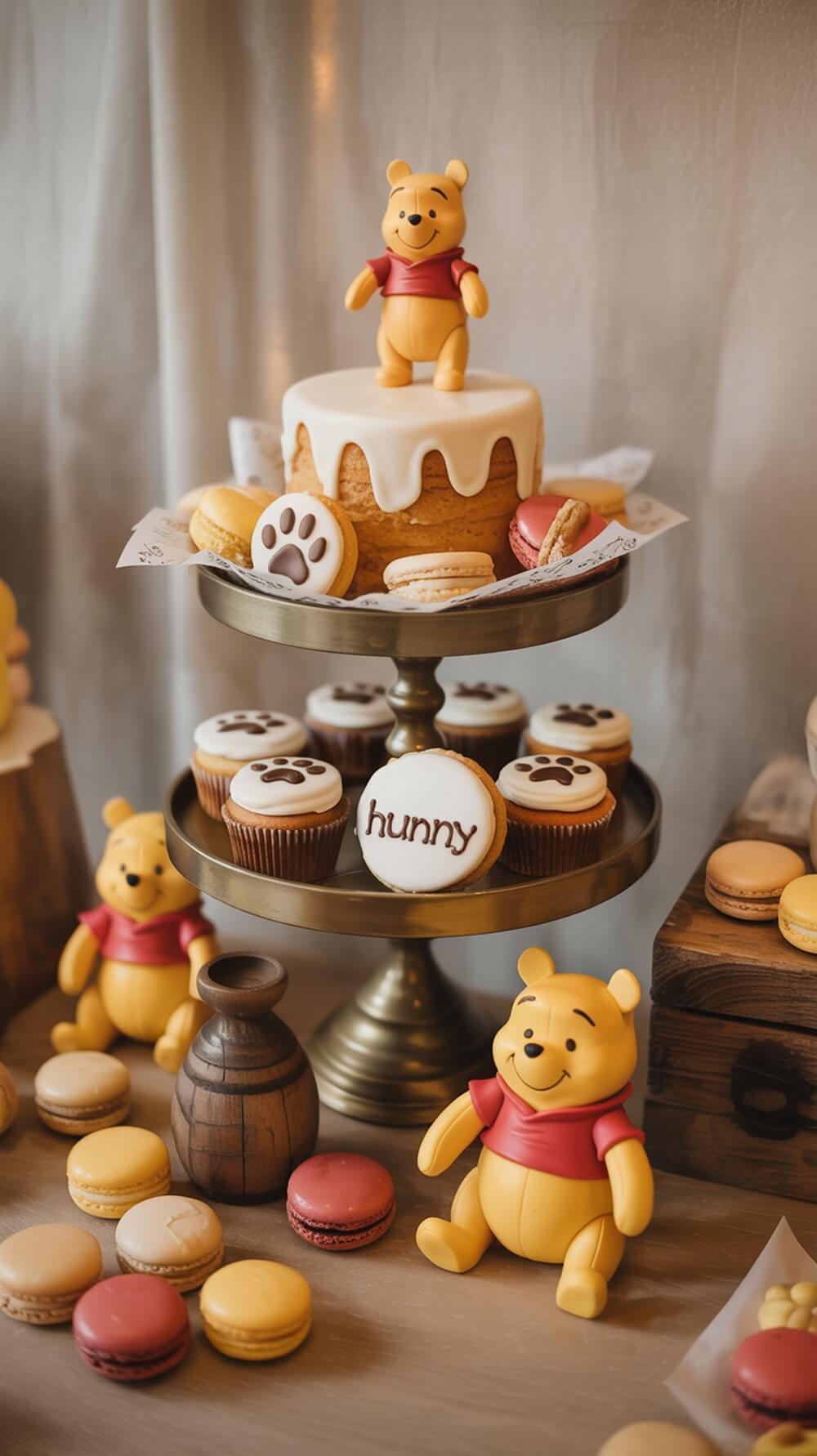 Winnie the Pooh themed dessert table with cake, cupcakes, macarons, and honey pots.