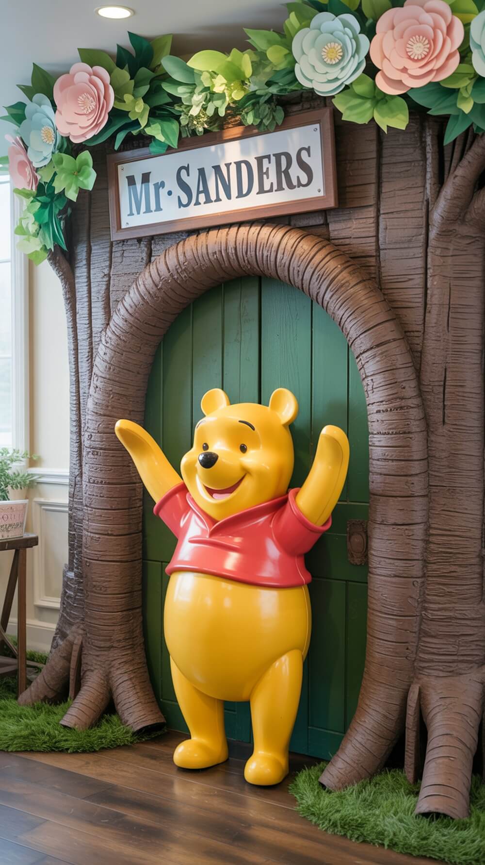Life-size Winnie the Pooh door backdrop with flowers and a sign that says Mr. Sanders.