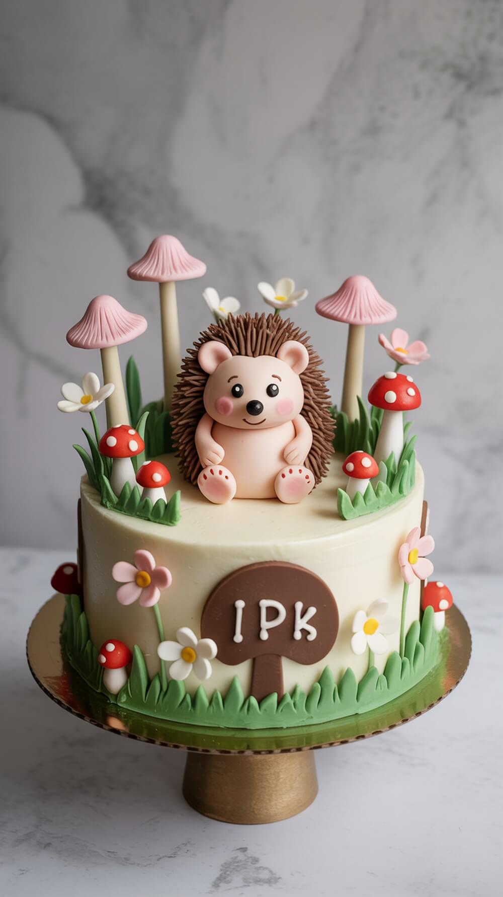 A charming hedgehog cake decorated with flowers and mushrooms, perfect for a baby shower.