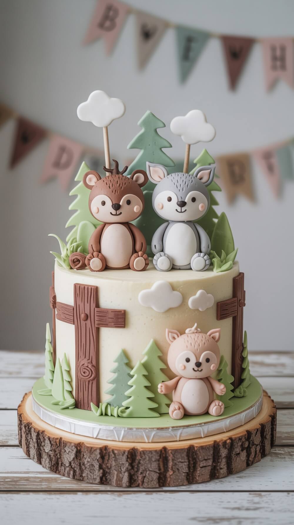 A woodland themed baby shower cake featuring cute animal figures and green trees.