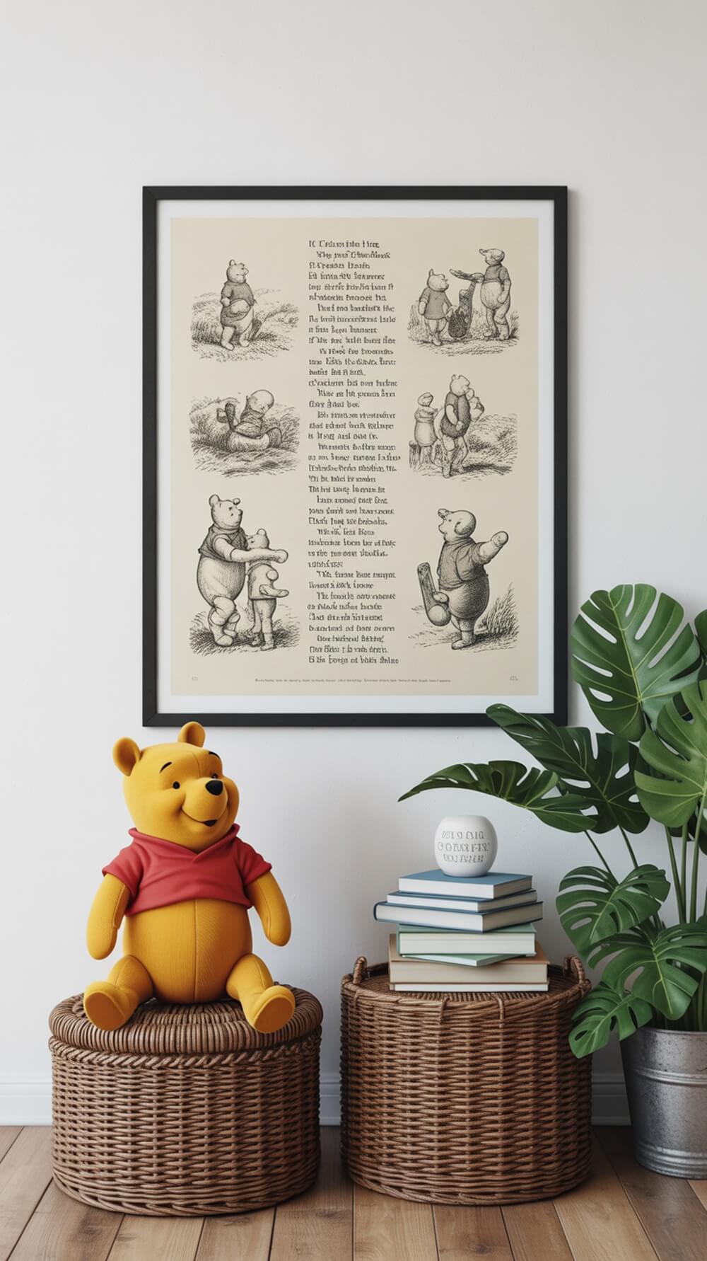 Framed Winnie the Pooh wall art featuring classic illustrations and text, with a plush Pooh bear on a wicker basket.