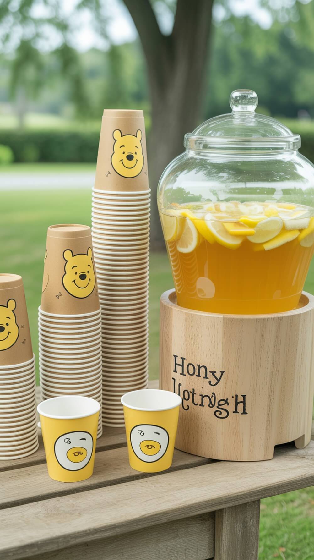 A honey-themed drink station for a baby shower featuring a lemonade dispenser and Winnie the Pooh cups.
