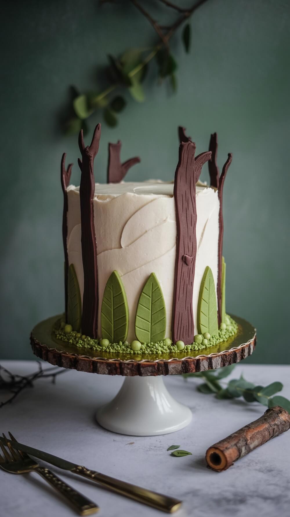 A beautifully decorated woodland themed cake with chocolate tree trunks and green leaves on a wooden cake stand.