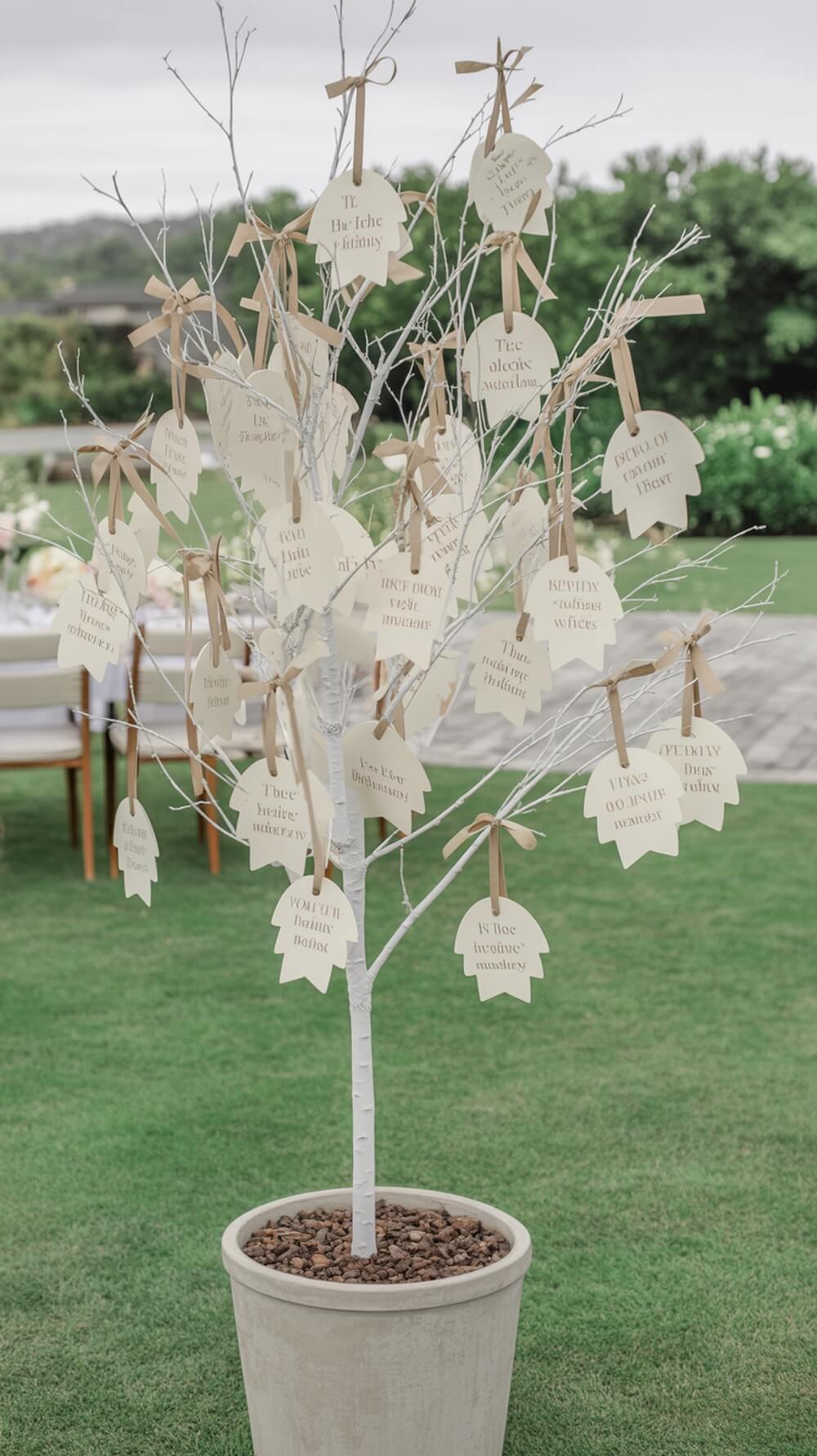 A decorative Wishes For Baby Tree with white branches and tags for guests to write their wishes.