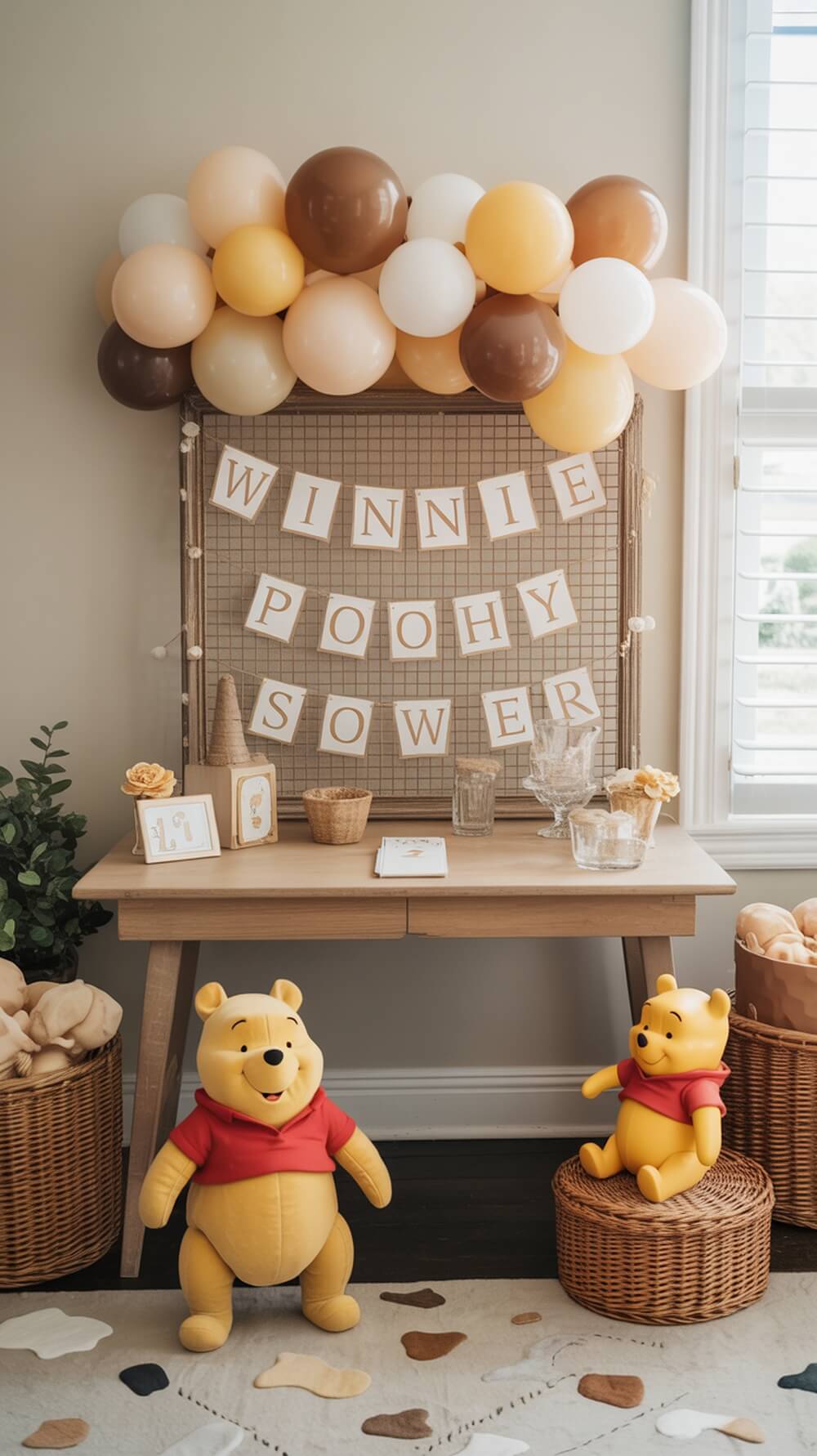 Winnie the Pooh themed baby shower decoration with balloons, a banner, and plush toys