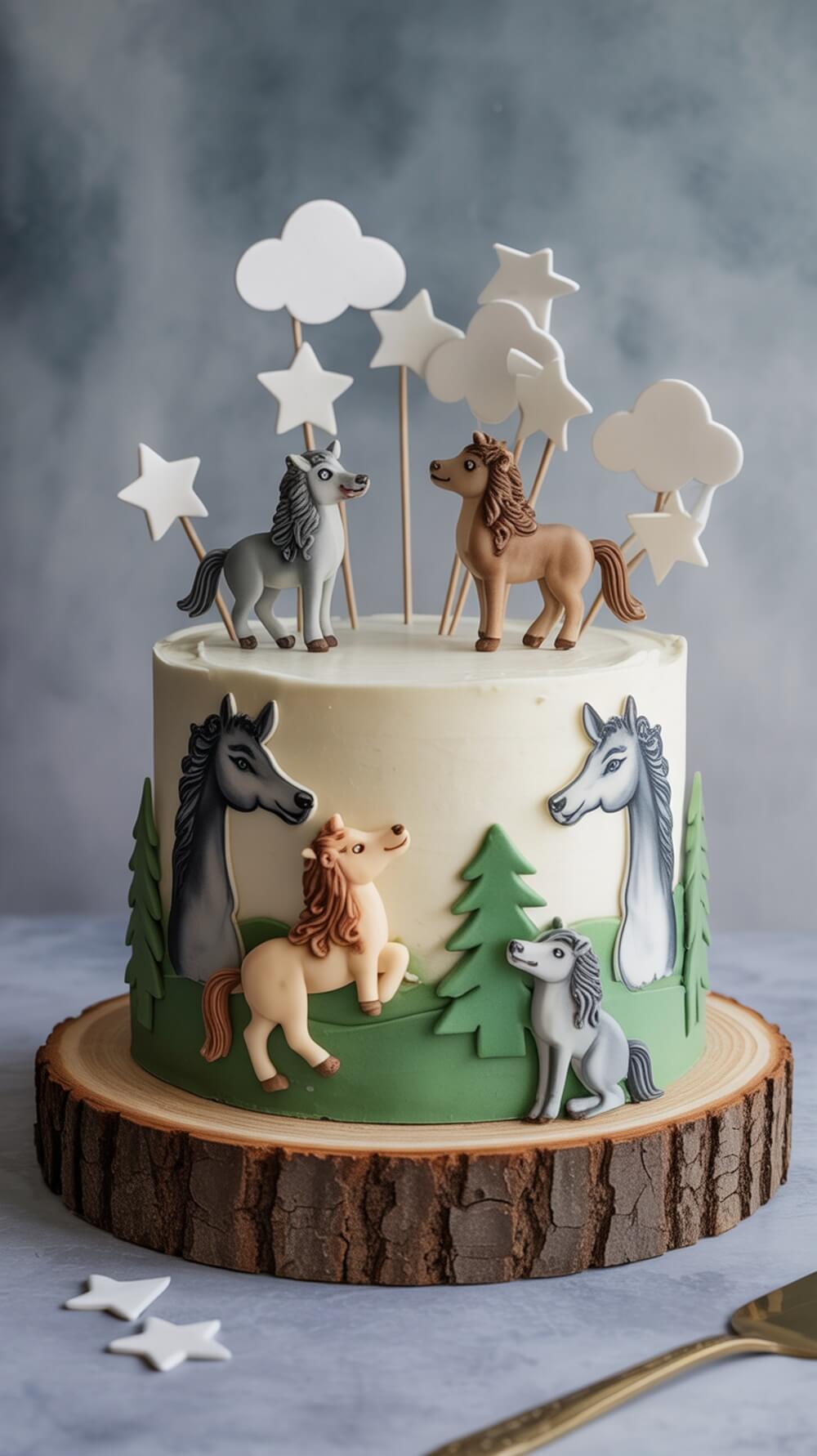 A whimsical baby shower cake featuring horse figurines and a forest theme.