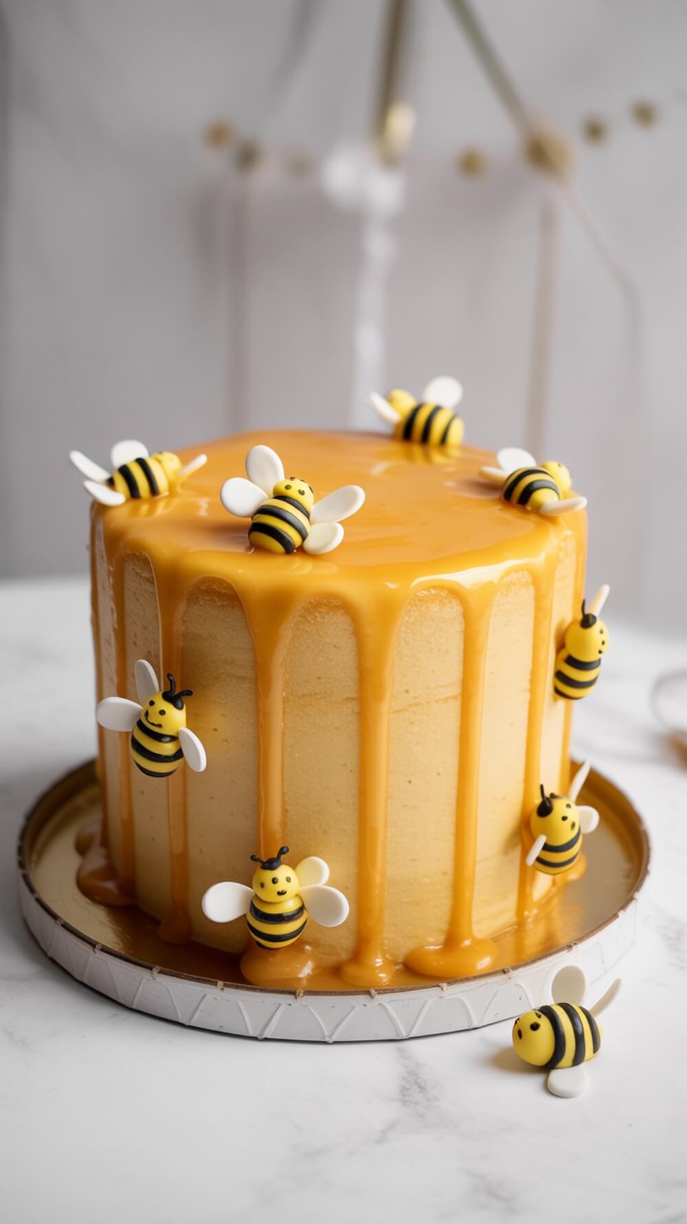 A beautifully decorated Honey Pot Smash Cake with bees and honey glaze, perfect for a Winnie the Pooh baby shower.