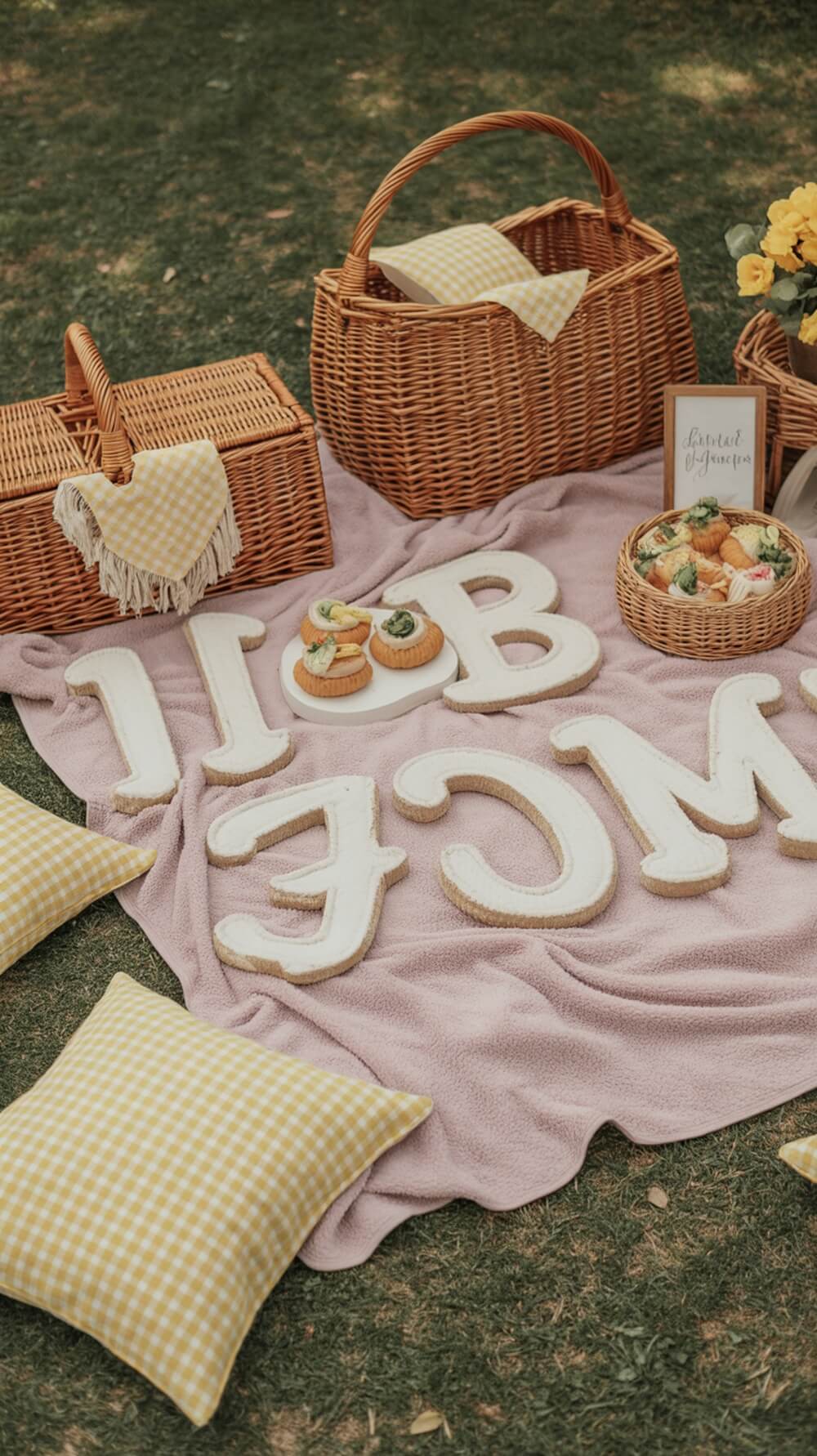 A picnic setup inspired by Christopher Robin with a pink blanket, wicker baskets, and snacks.