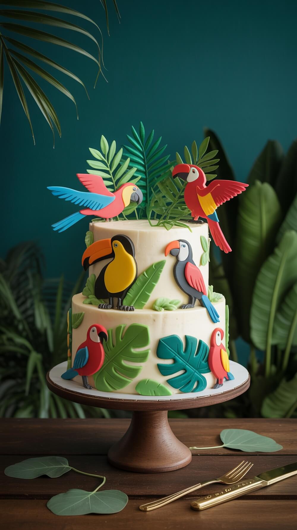 A colorful cake decorated with tropical birds and green leaves, set against a dark background.