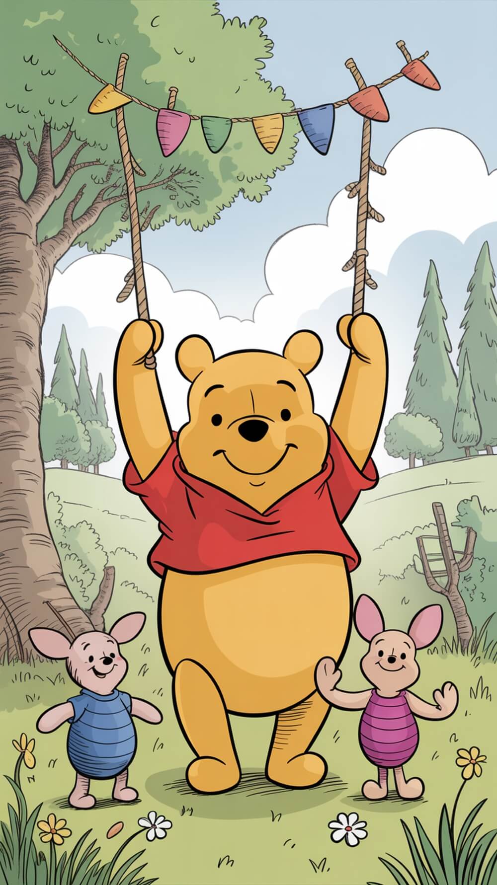 Winnie the Pooh and friends celebrating with colorful decorations