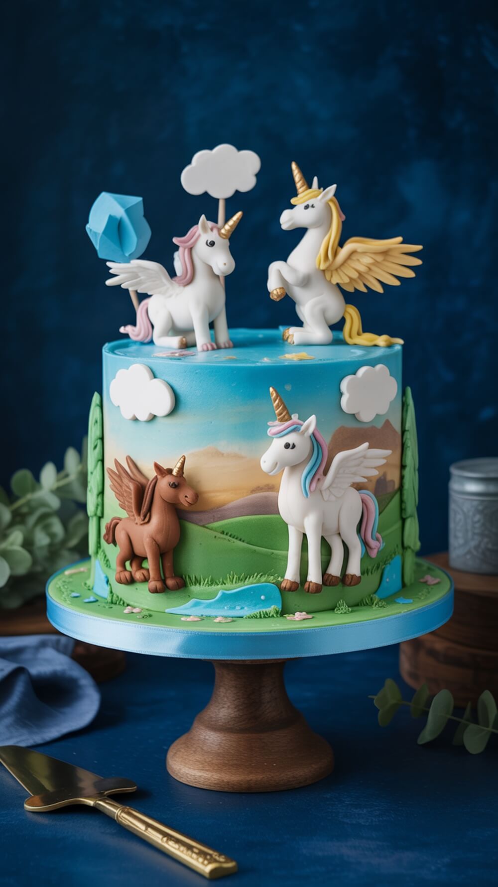 A beautifully decorated fantasy animal cake featuring unicorns and a winged horse on a colorful landscape.