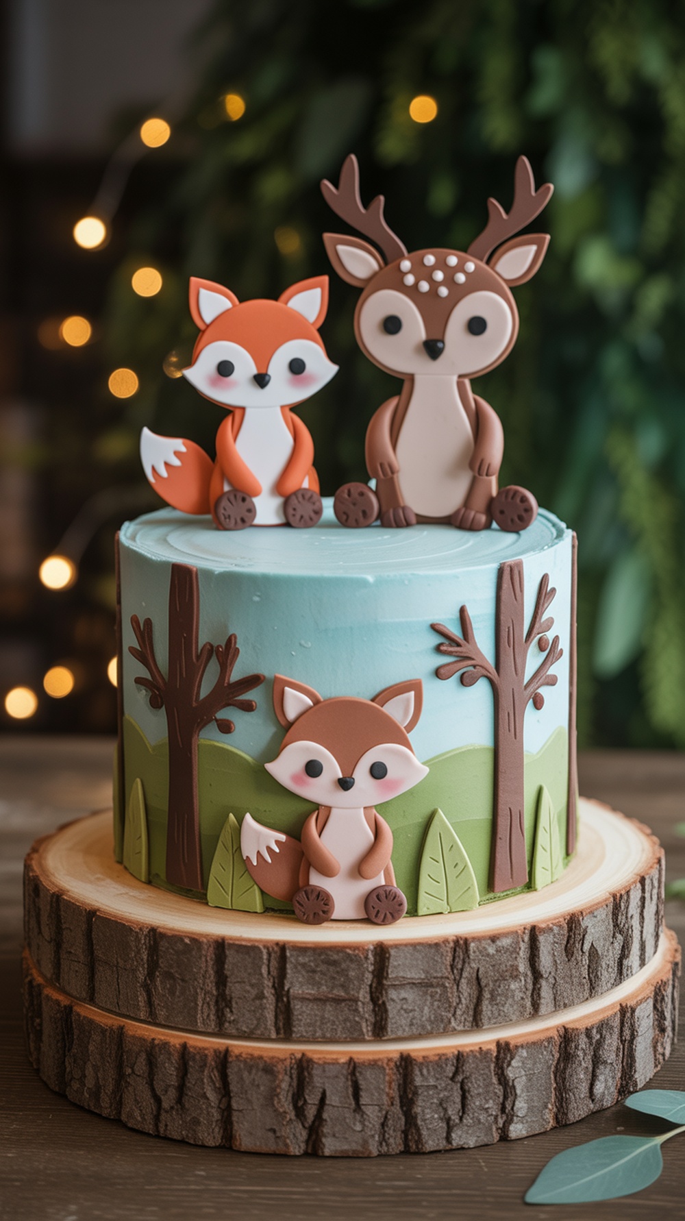 A beautifully decorated baby shower cake featuring woodland creatures like a deer and foxes, set against a pastel forest background.