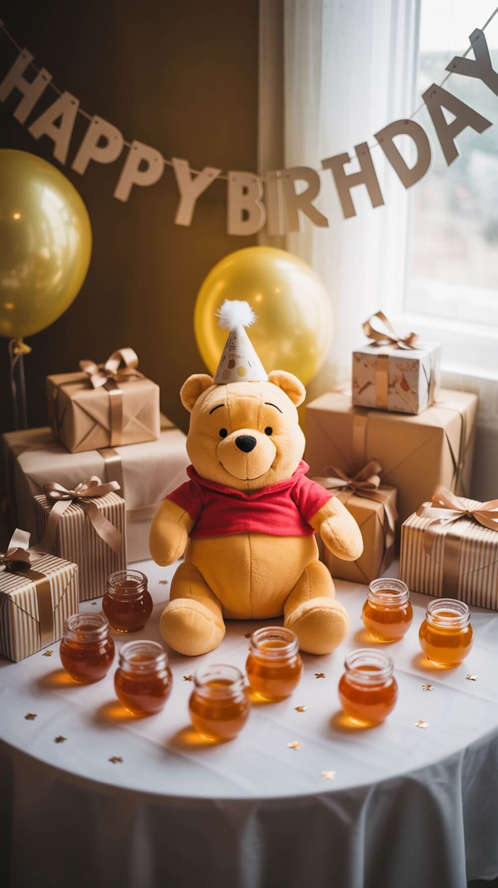 A Pooh Bear themed gift table with a plush Pooh Bear, gifts, honey jars, and a 'HAPPY BIRTHDAY' banner.