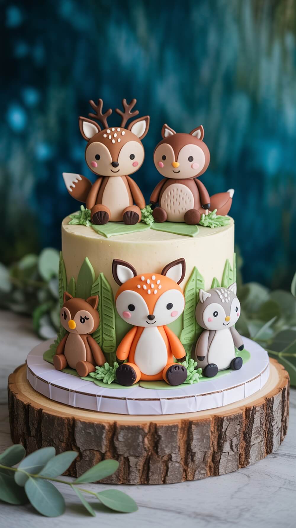 A woodland themed baby shower cake featuring cute forest animal figures made of fondant.