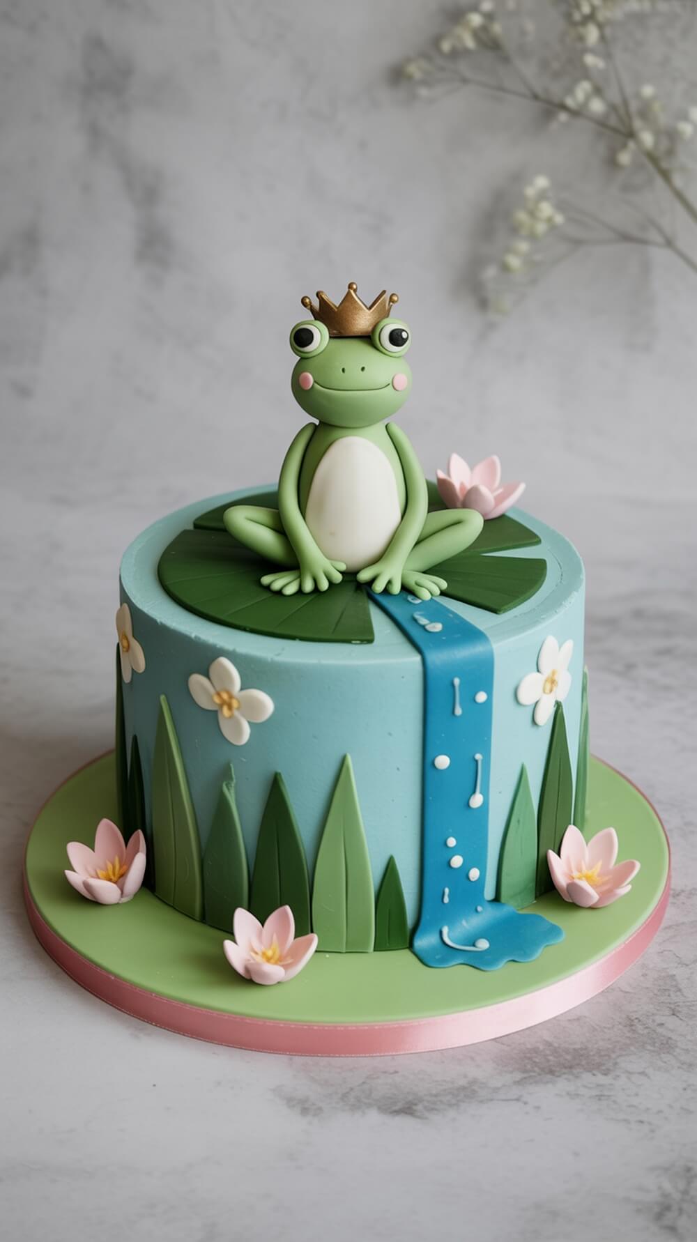 A whimsical frog prince cake with a green frog on a lily pad, surrounded by flowers and a blue water cascade.