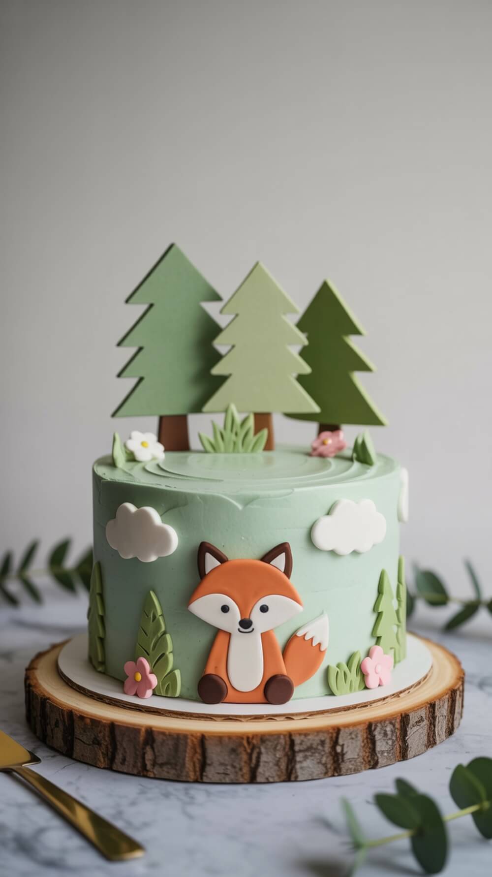A beautifully decorated Little Fox Cake with green frosting, featuring a cute fox, trees, and flowers.