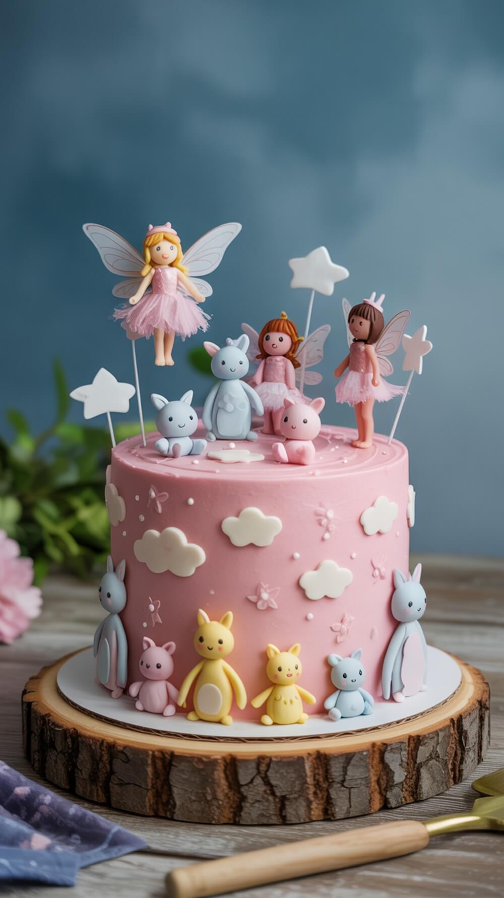 A whimsical pink cake decorated with fairy figurines and cute animal characters, set against a soft background.