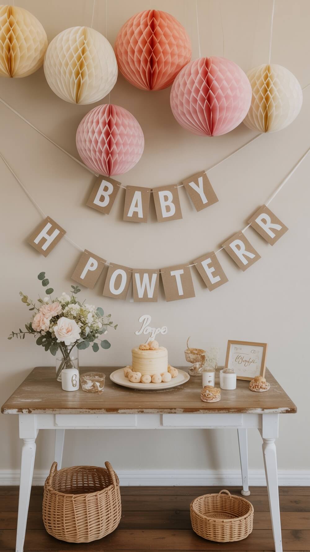 Honeycomb wall decorations in soft colors with a baby shower banner.