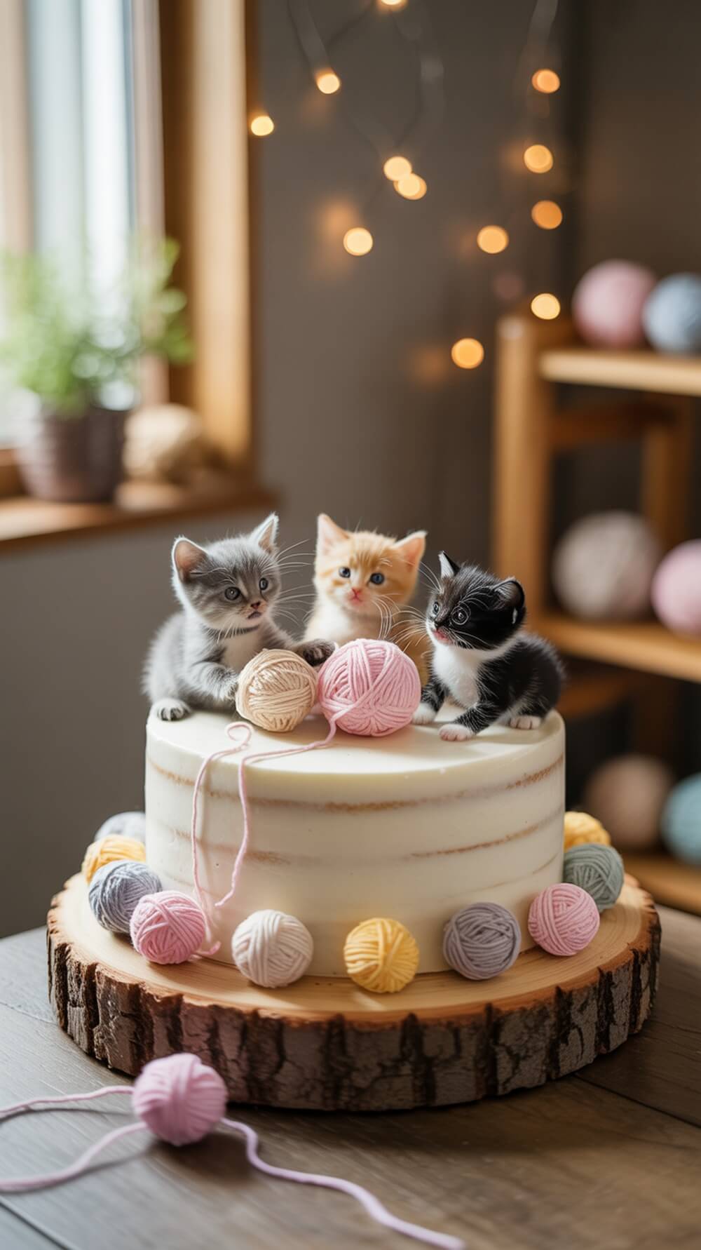 A beautifully decorated cake with three kittens on top, surrounded by colorful yarn balls.