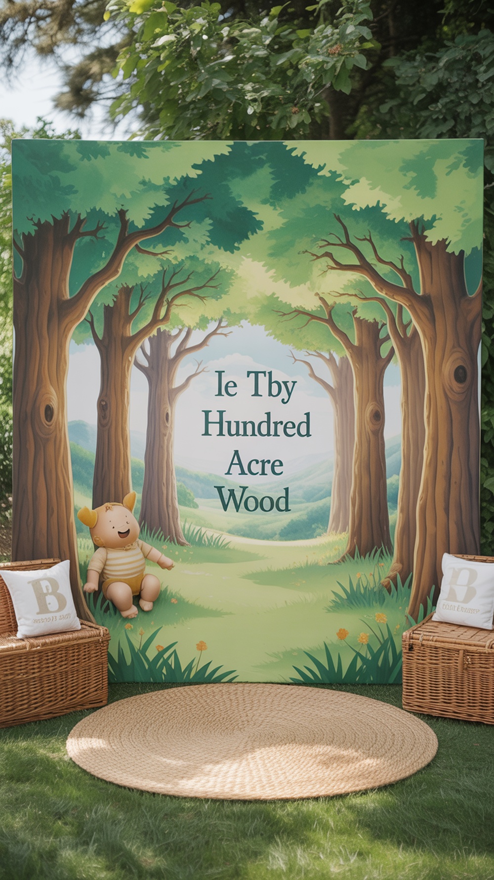 Nature-themed backdrop featuring an illustration of the Hundred Acre Wood with a plush Winnie the Pooh.