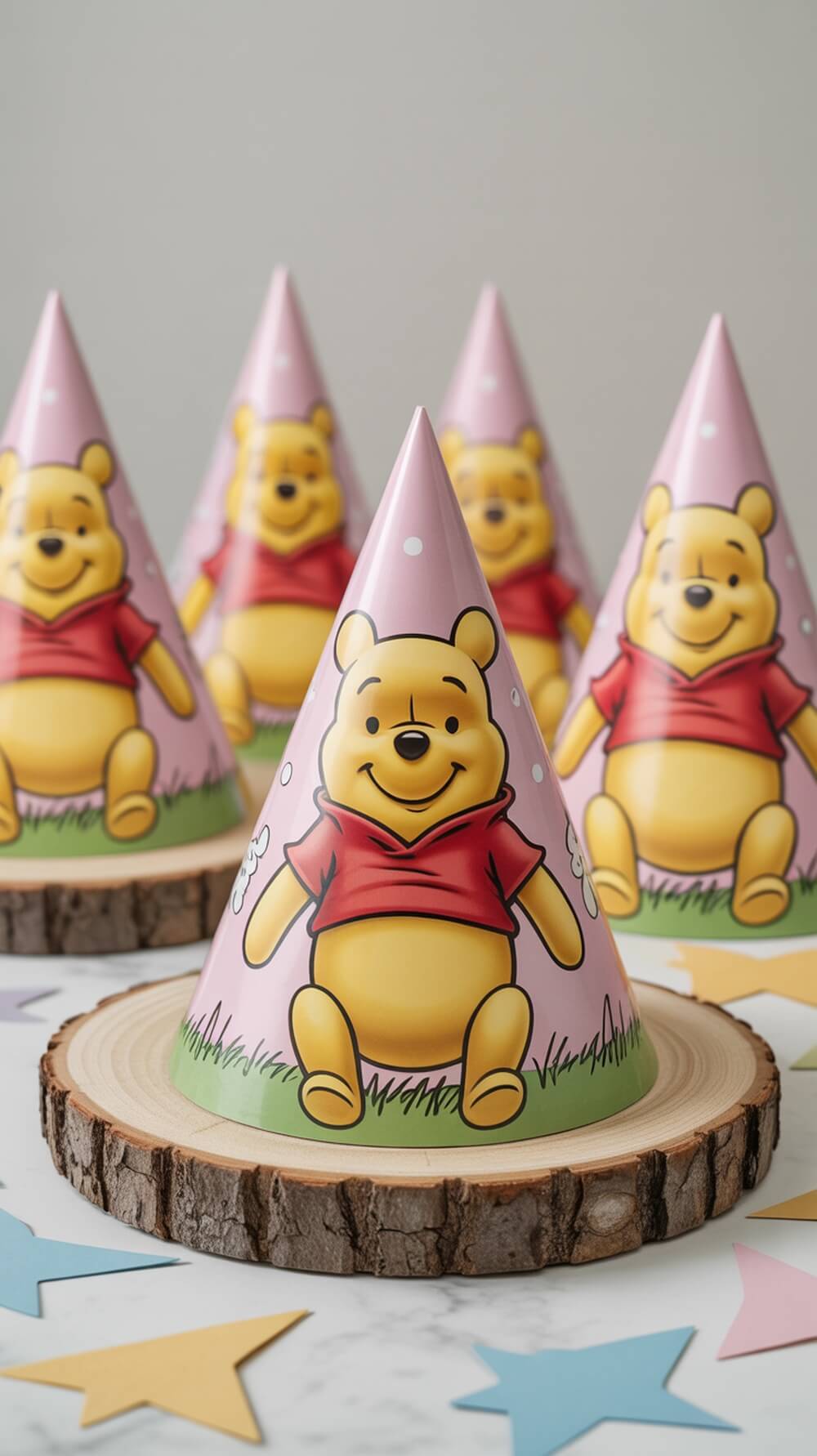 Colorful Pooh Bear themed party hats with a pink background and polka dots