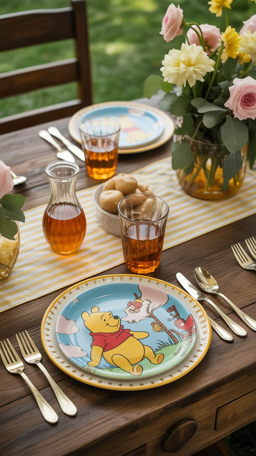 A beautifully set table for a Winnie the Pooh baby shower, featuring themed plates, drinks, and flowers.
