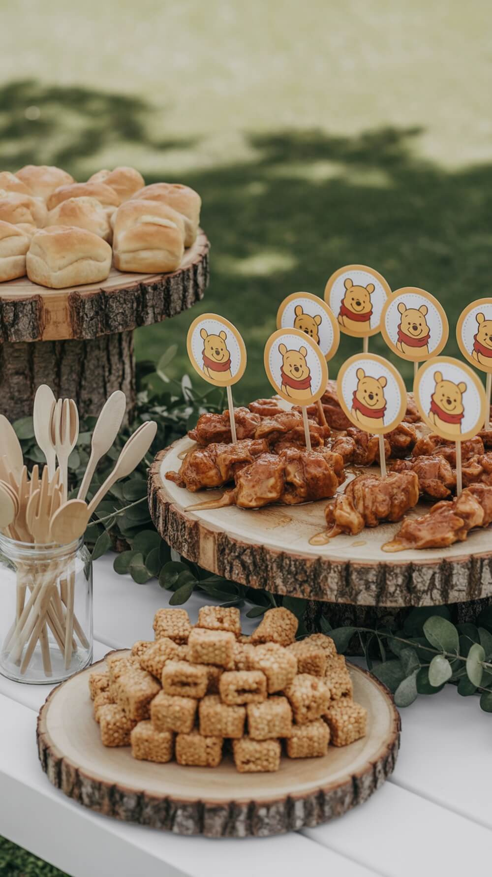 A beautifully arranged Pooh's Smackerels Station featuring honey-glazed chicken skewers, rolls, and sweet treats, all decorated with Pooh Bear toppers.